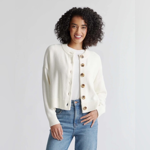 Quince 100% Organic Cotton Cropped Cardigan Faux Tortoise Buttons Size Medium - Picture 2 of 16